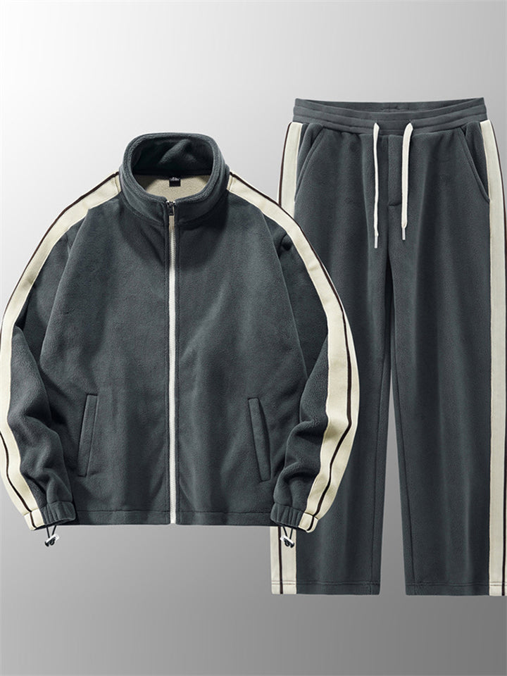 Men's Winter Fleece Lined Striped Stand Collar Tracksuit Set