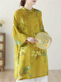 Women's Chinese Style Yellow Printed Slant Placket Qipao Shirts