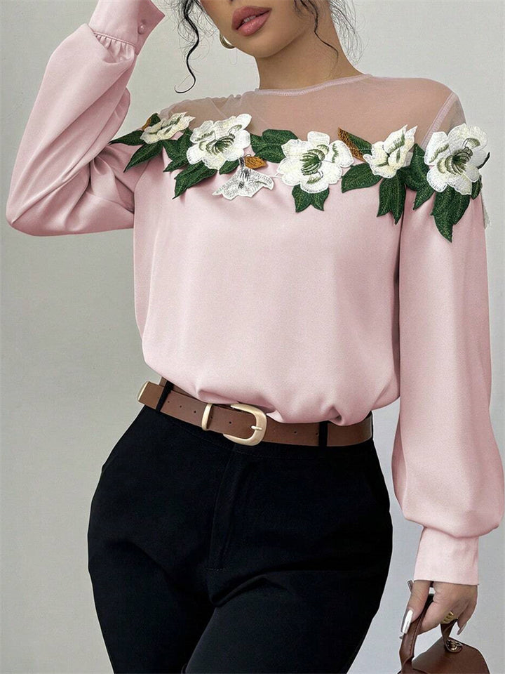 Women's Pink Mesh Patchwork Embroidered Long Sleeve Shirts