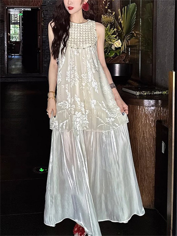 Women's Oriental Style Elegant Print Patchwork Sleeveless Dress