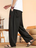 Men's Summer Solid Color Cool Hanzi Embroidery Wide Leg Pants