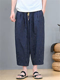 Men Striped Cotton Linen Baggy Wide Leg Cropped Harem Pants