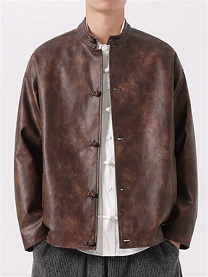 Men's Trendy Chinese Style Mandarin Collar Faux Leather Jackets