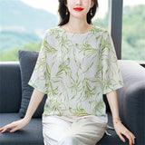 Female Elegant Summer Print O-Neck Half Sleeve Shirt