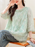 Women's Green 3/4 Sleeve Round Neck Beads Patchwork Shirts