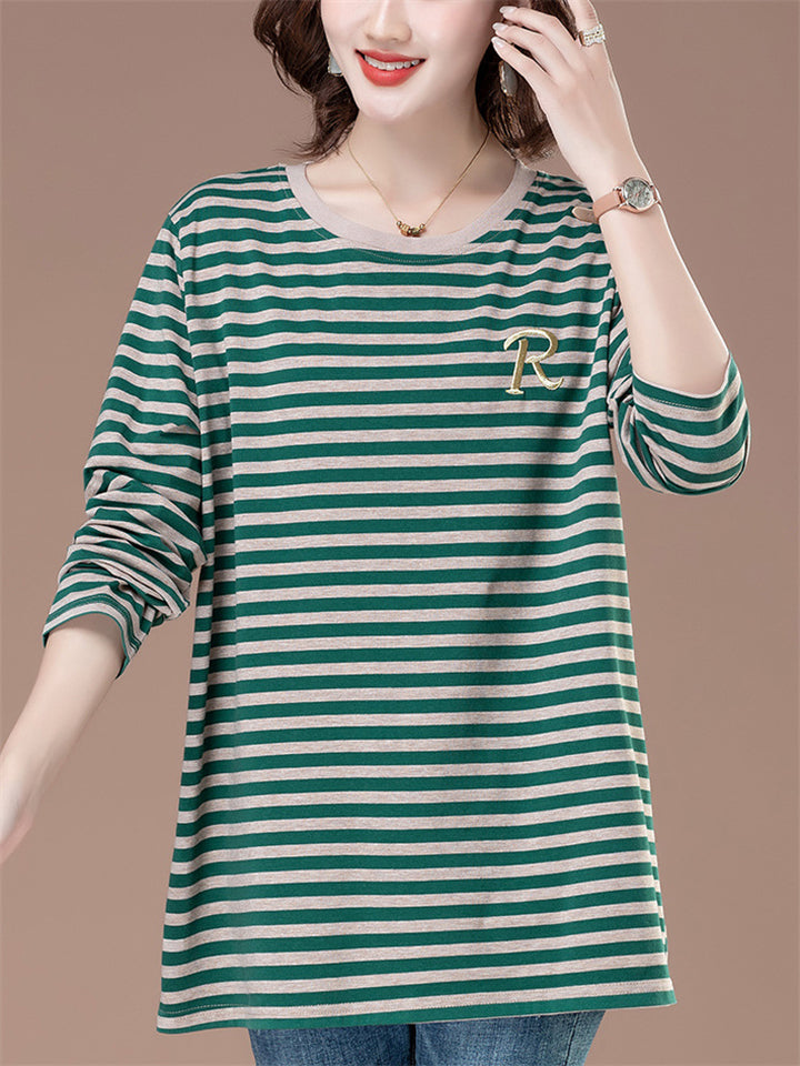 Women's Loose Cotton Stripe O-Neck Long Sleeve Shirts