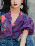 Summer Purple Floral Print V-Neck Puffed Sleeve Shirt for Women