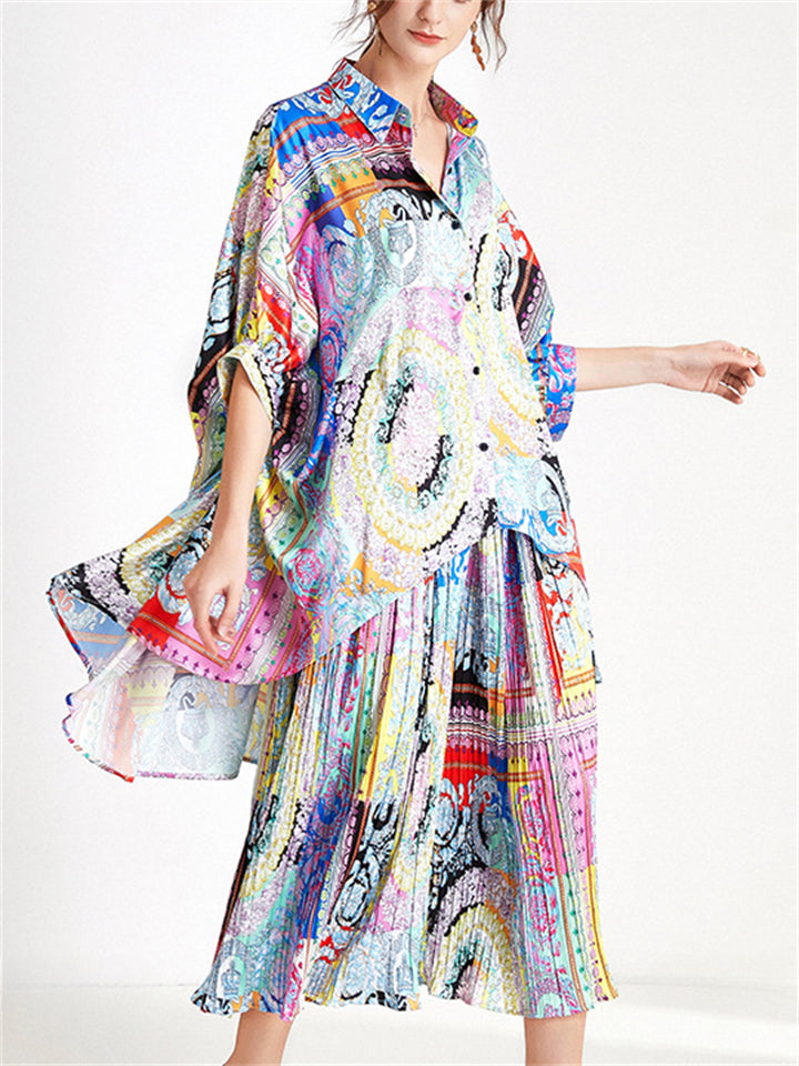 Women's 2Pcs Summer Flowers Print Lapel Satin Top & Pants