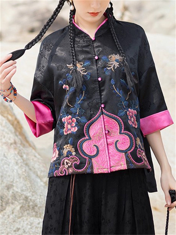 Women's Summer Contrast Color Ethnic Style Embroidered  Button Up Shirts