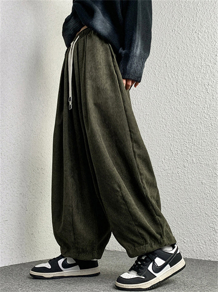 Men Autumn Vintage Corduroy Drawstring Wide Leg Joggers Baggy Pants