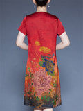 Women's Floral Print O-neck Frog Buttons Short Sleeve Satin Dress