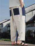 Mens Patchwork Color Block Cotton Linen Loose Harem Cropped Pants