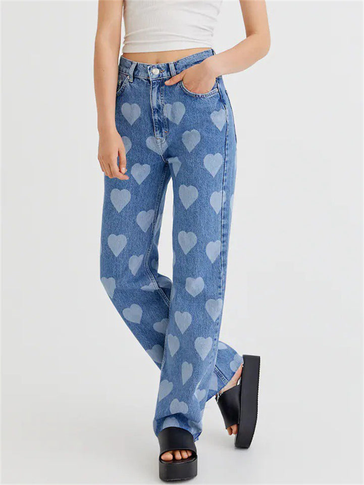 Women's Retro High-Rise Heart Print Straight Denim Jeans