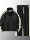 Men's Winter Fleece Lined Striped Stand Collar Tracksuit Set