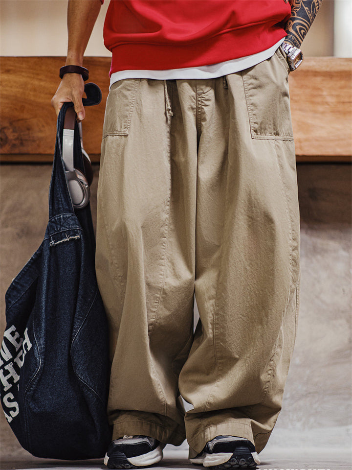 Men's Japanese Style Wide Leg Drawstring Cotton Baggy Cargo Pants