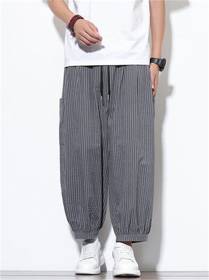 Men's Summer Casual Striped Wide Leg Beach Cropped Pants