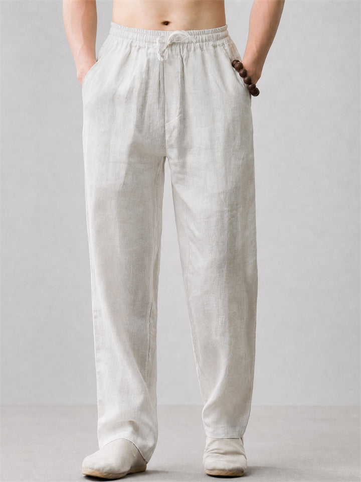Mens Summer Breathable Linen Blend Wide Leg Drawstring Pants