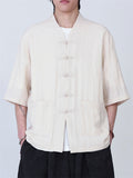 Men's Casual Simple Zen Style V Neck Frog Button Short Sleeve Shirts