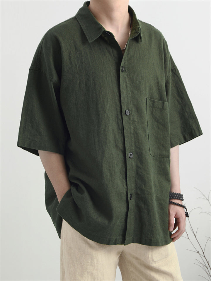 Men's Summer Casual Ramie Cotton Solid Color Pocket Lapel Shirts