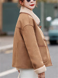 Women's Winter Vintage Contrast Trim Fleeced Faux Suede Long Sleeve Coats