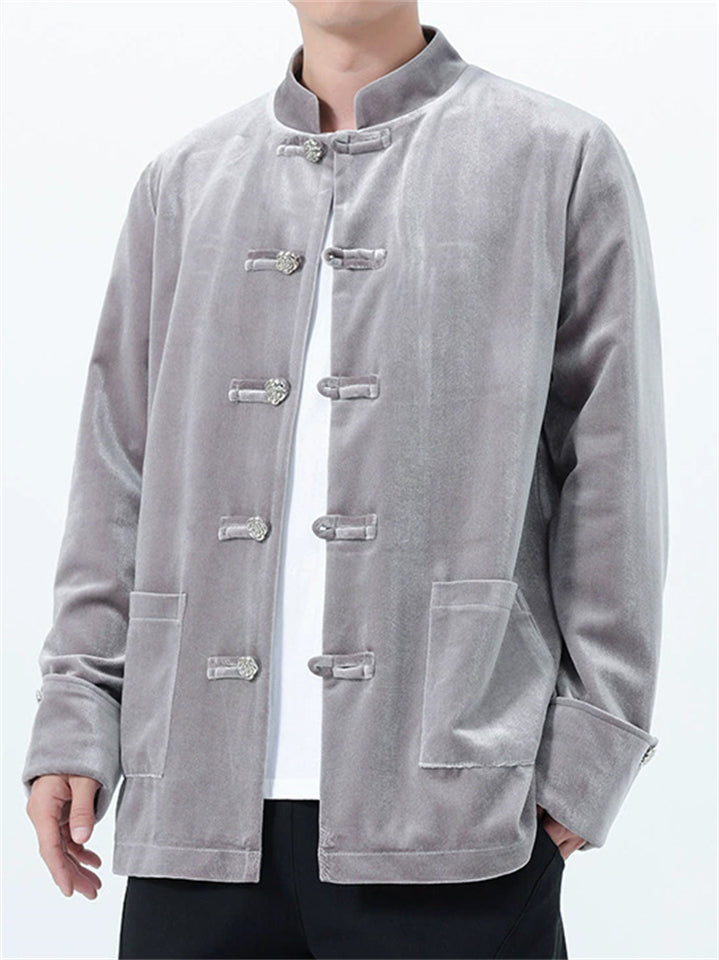 Men's Autumn Velvet Solid Color Stand Collar TangSuit Jackets