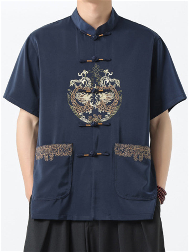 Men's Vintage Chinese Loong Print Frog Button Short Sleeve Tang Suit Shirts