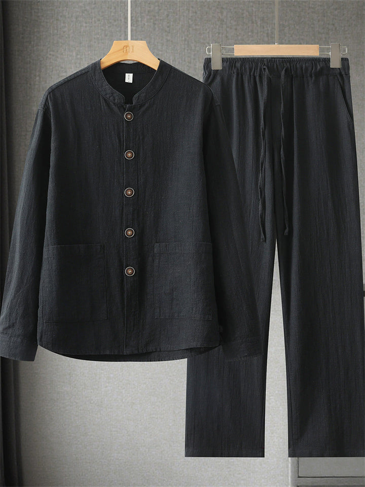 Men's 2Pcs Comfy Autumn Cotton Linen Solid Color TangSuit Outfit