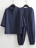 Men's 2Pcs Summer Casual Comfy V Neck Lapel 3/4 Sleeve Solid Color Outfits