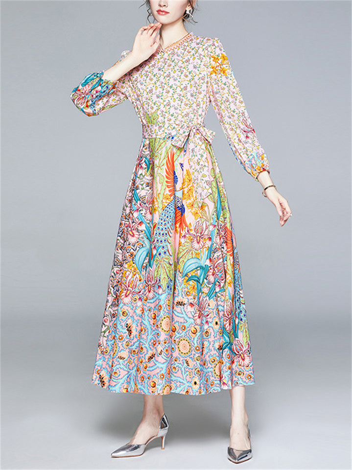 Women's Beautiful Long Sleeve Floral Printed O-neck Dress