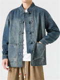 Men's Trendy Stand Collar Patch Pocket Washed Denim Jacket