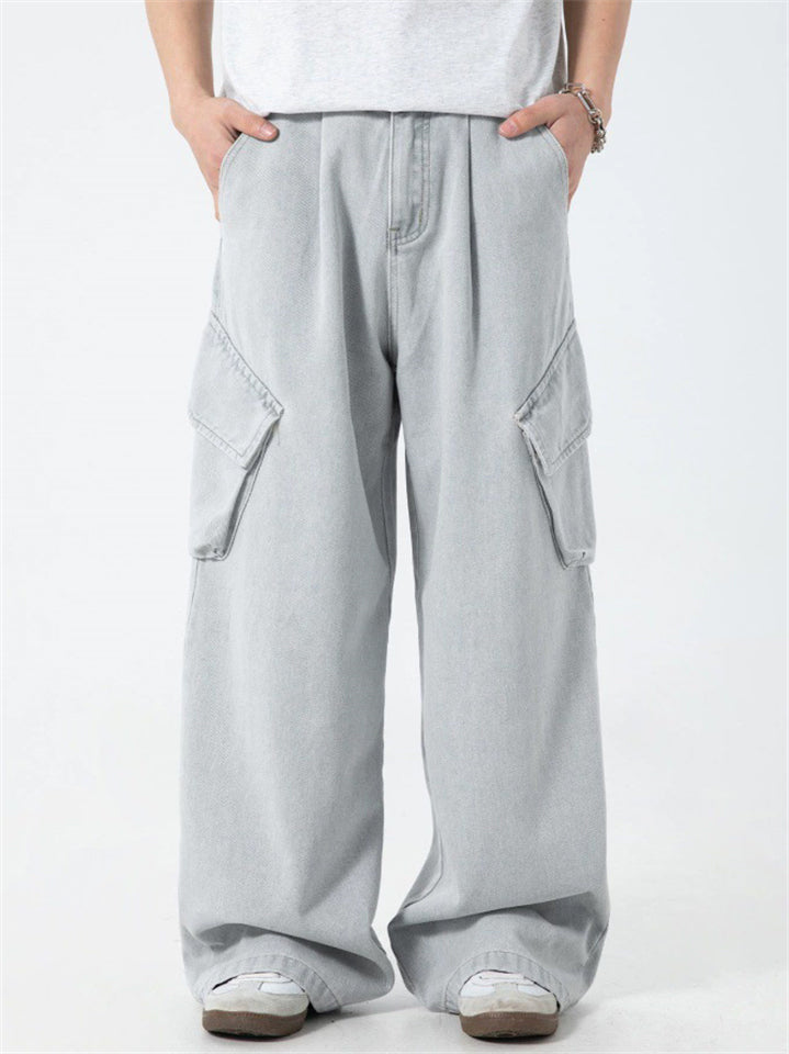 Men's Distressed Solid Color 3D Pockets Wide Leg Straight Jeans