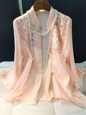 Retro Pink Floral embroidery Tang Suit Top For Women