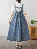 Women's Casual Blue Printed Sleeveless Strappy A-Line Demin Dress