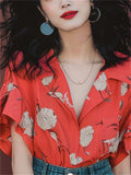 Female Summer Red Floral Print V-Neck Ruffled Sleeve Shirt
