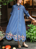 Embroidered Cotton Button Polo Collar Loose Denim Dresses for Women