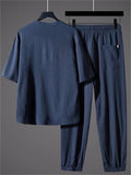 Men's 2Pcs Summer Comfy Frog Button V Neck Solid Color Outfits