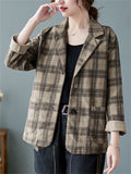 Women's Casual Retro Long Sleeve Plaid Suit Collar Jacket