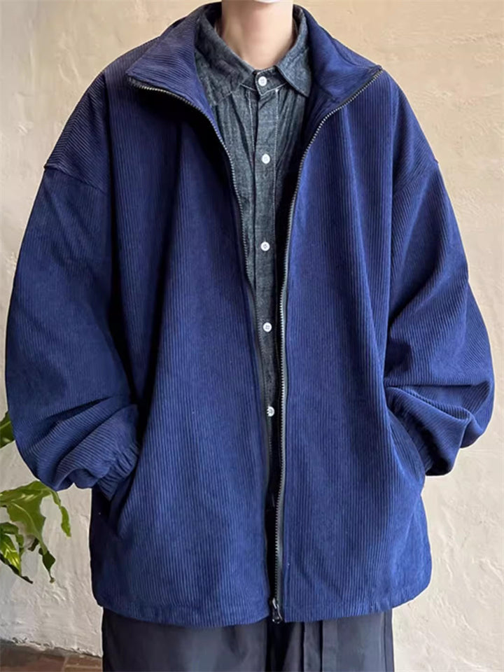 Men's Solid Color Loose Corduroy Textured Stand Collar Jacket
