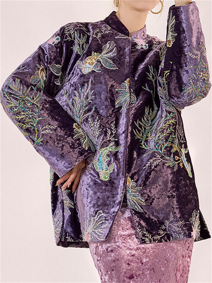 Women's Purple Round Neck Embroidered Sequin Cotton-padded Jacket