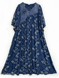 Vintage Print Round Neck Half Sleeve Pleated Swing Dress for Women
