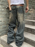 Mens Vintage Baggy Wide Leg Distressed Jeans with Pockets