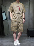 Men's 2Pcs Summer Jacquard Stand Collar Short Sleeve Solid Color Outfits