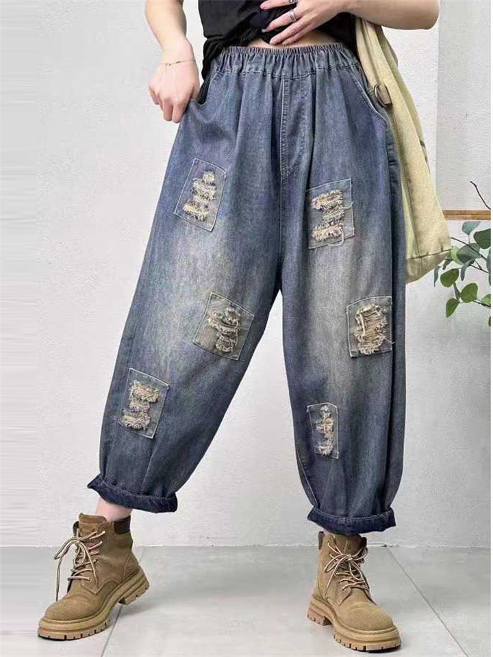 Elastic Waist Wide Leg Ripped Cropped Jeans for Women