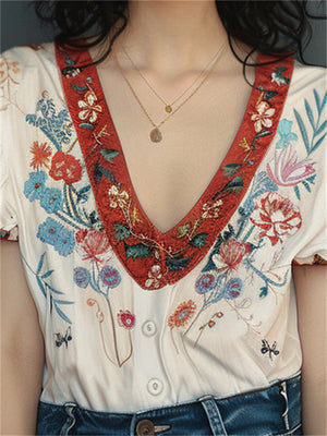Women's V-Neck Floral Embroidery Puff Short Sleeve Shirt