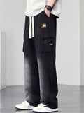 Men High Street Cargo Jeans Drawstring Wide Leg Washed Baggy Denim Pants