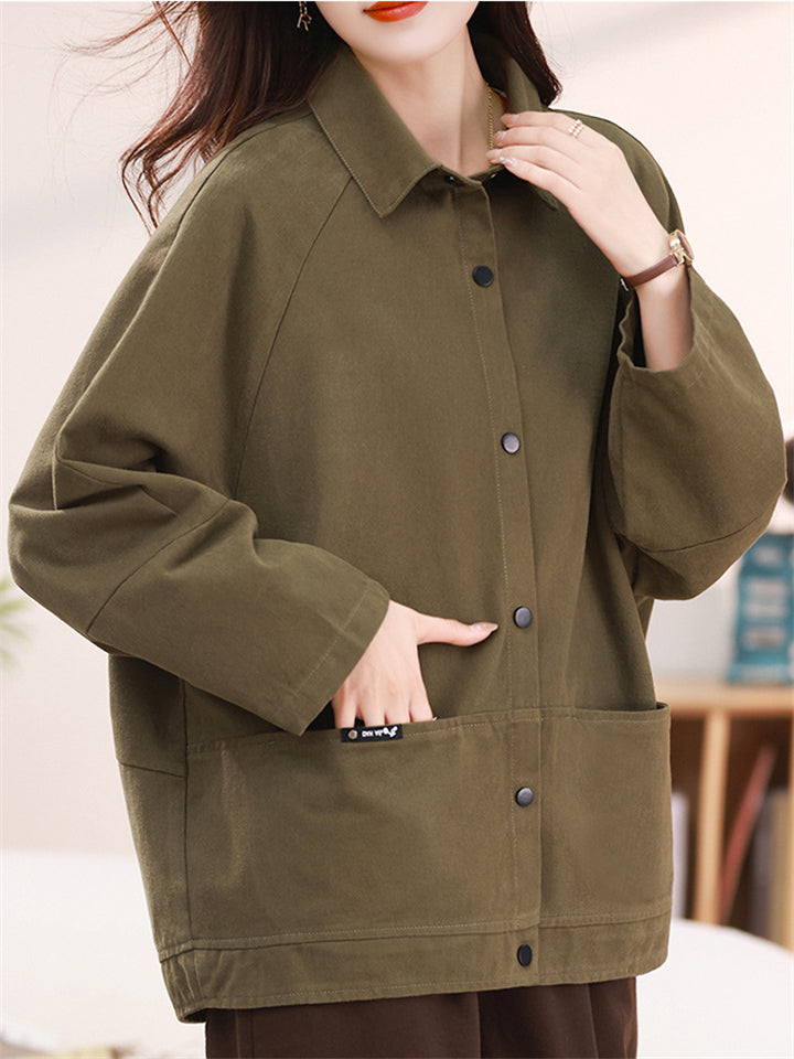 Retro Casual Solid Color Long Sleeve Pockets Jacket for Women