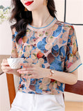 Comfy Elegant Summer Chiffon O-Neck Short Sleeve Shirt for Women