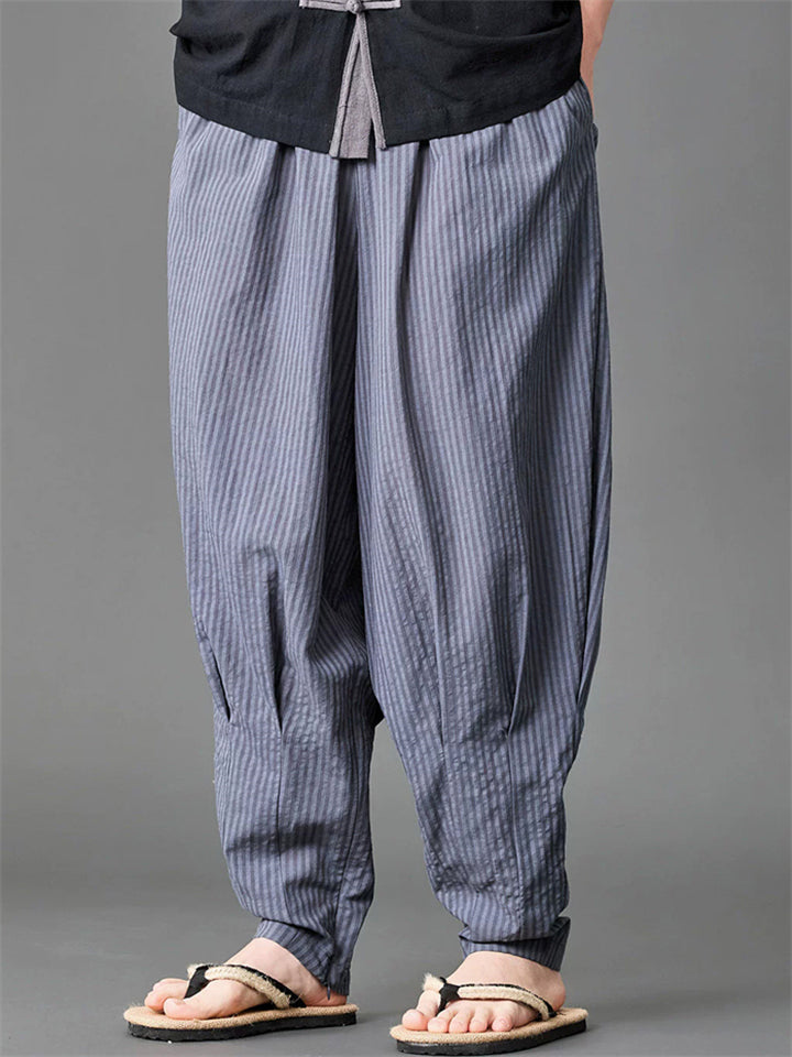Mens Summer Striped Harem Pants Loose Baggy Cotton Linen Trousers