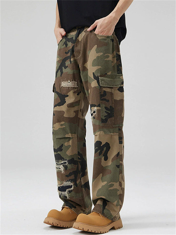 Men Distressed Camo Cargo Reguar Fit Streetwear Pants