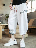 Men's Japanese Style Patchwork Drawstring Cotton Linen Wide Leg Capri Pants